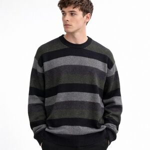 NWT Turnbury Men’s Striped Lambswool Crewneck Sweater – Black Gray Green XXL